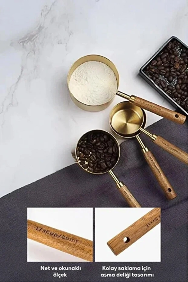 4lü Ahşap Saplı Metal Ölçü Kaşığı Seti Paslanmaz Gold Kaşığı Seti Ölçü Kabı