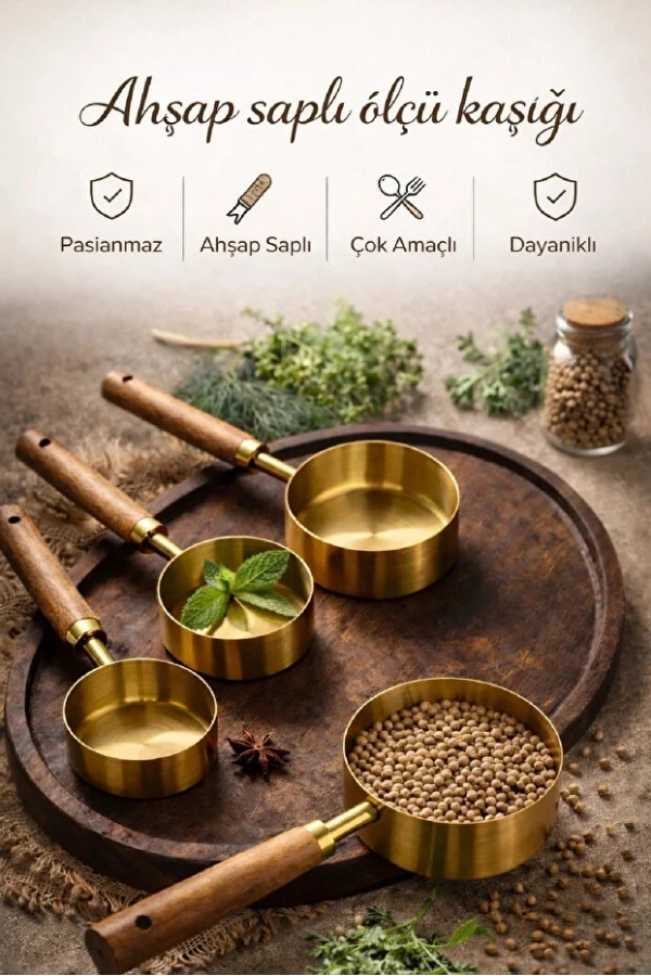 4lü Ahşap Saplı Metal Ölçü Kaşığı Seti Paslanmaz Gold Kaşığı Seti Ölçü Kabı