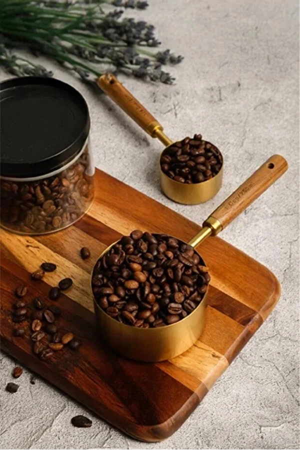 4lü Ahşap Saplı Metal Ölçü Kaşığı Seti Paslanmaz Gold Kaşığı Seti Ölçü Kabı