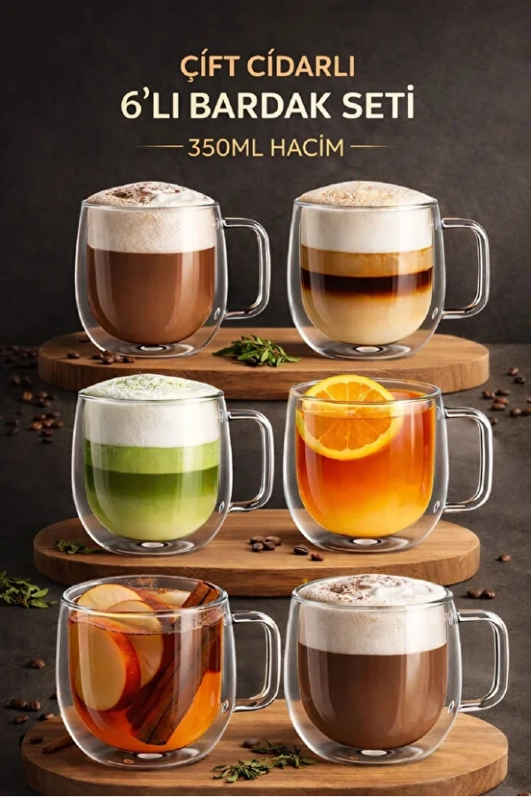 350 ML Çift Cidarlı Cam Bardak Seti Isıya Dayanıklı Şeffaf Tasarım Kahve Çay Latte Sunum | 6 Adet