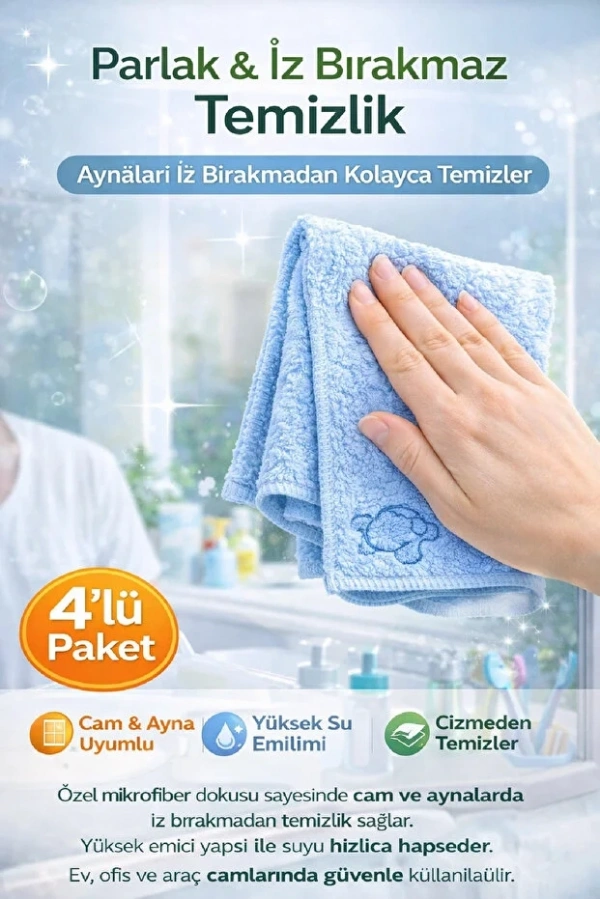 Mikrofiber Cam Bezi İz Bırakmaz Yüksek Emici Tüy Bırakmaz Parlak Temizlik | 4’lü Paket