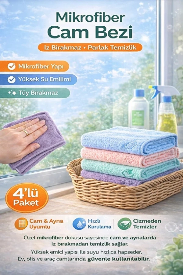 Mikrofiber Cam Bezi İz Bırakmaz Yüksek Emici Tüy Bırakmaz Parlak Temizlik | 4’lü Paket