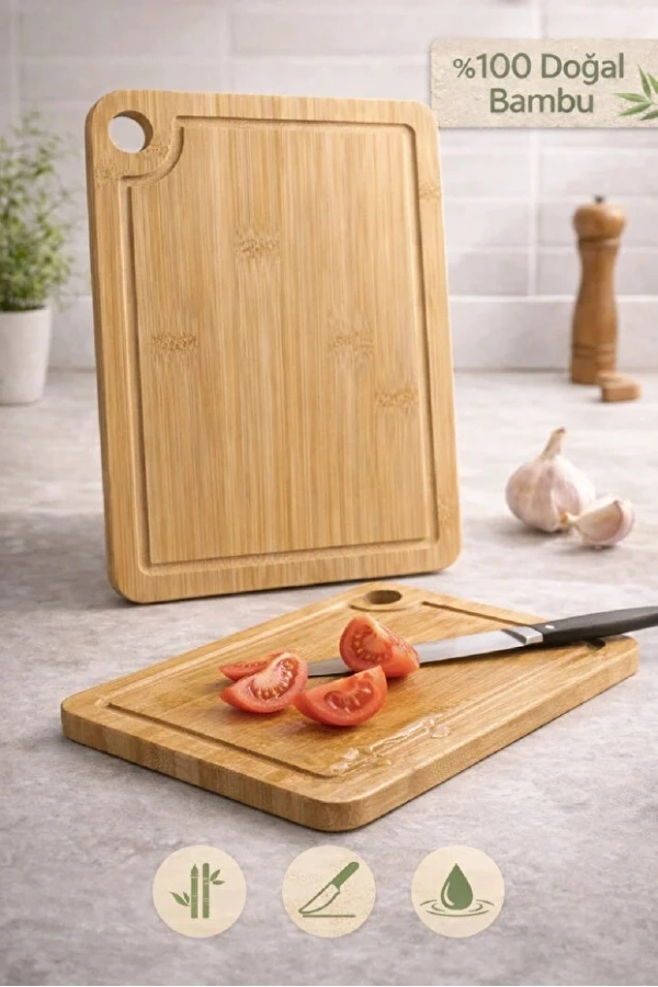 2li Bambu Kesim Tahtası Büyük + Orta Boy Halkalı Peynir Sunum Tepsi Sebze Doğrama Panosu