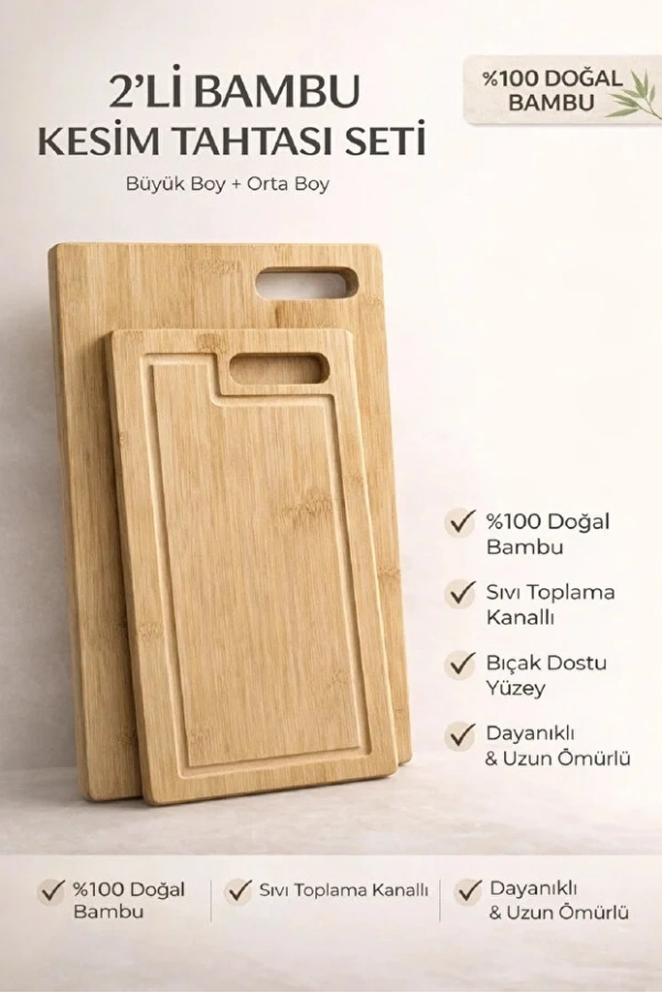 2li Bambu Kesim Tahtası Tutmalı Peynir Sunum Tepsi Sebze Doğrama Panosu Seti | Büyük + Orta Boy