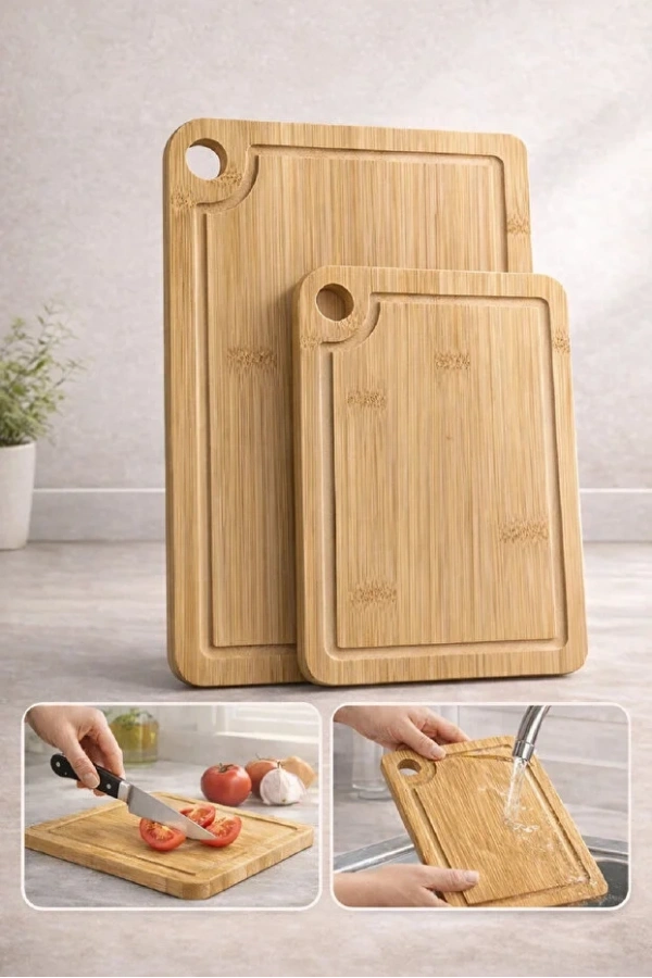 2li Bambu Kesim Tahtası Tutmalı Peynir Sunum Tepsi Sebze Doğrama Panosu Seti | Büyük + Orta Boy