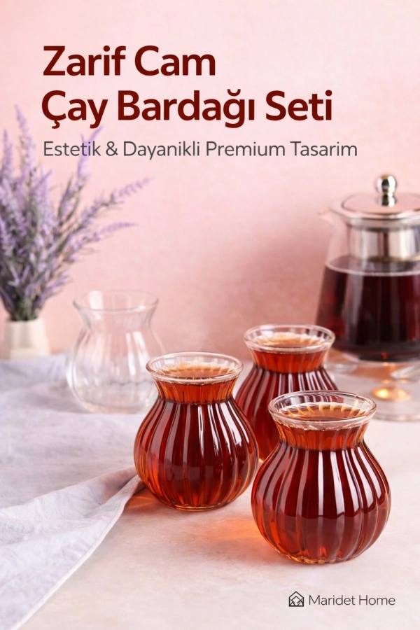 6lı Çizgili Kulpsuz Keyfi Ala Çay Bardağı Seti | Borosilikat Cam Bardak Takımı Isıya Dayanıklı