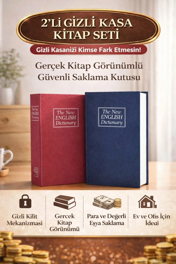 Büyük Boy Kitap Şeklinde Anahtarlı Gizli Kasa Para Saklama Hırsız Kilitli Dekoratif Kumbara | 2 Adet