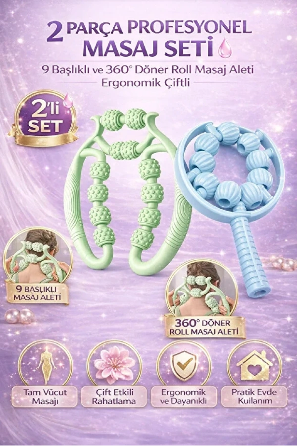 2’li Profesyonel Masaj Seti 9 Başlıklı ve 360° Döner Roll Masaj Aleti Tam Vücut Rahatlama Seti
