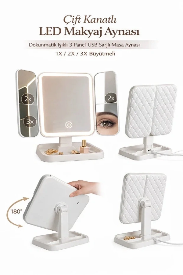 Katlanır Kapaklı LED Işıklı USB Şarjlı Taşınabilir Makyaj Aynası | 1-2-3 X Büyütmeli Masa Aynası