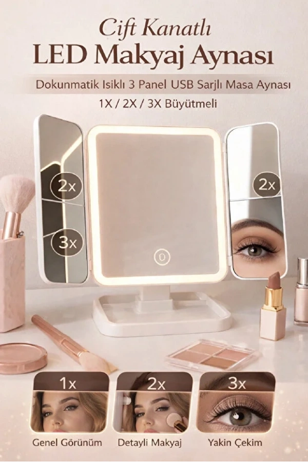 Katlanır Kapaklı LED Işıklı USB Şarjlı Taşınabilir Makyaj Aynası | 1-2-3 X Büyütmeli Masa Aynası