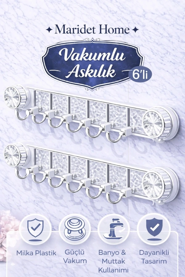 Güçlü Vantuzlu Şeffaf Askılık Banyo Mutfak Duvar Askılığı Paslanmaz Askı | Delmeden Tak Çıkar 6 Adet