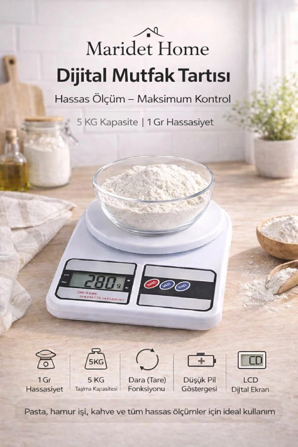 Dijital Mutfak Tartısı LCD Ekranlı Hassas Ölçüm Fonksiyonlu Modern Tasarım | 5 Kg Kapasiteli