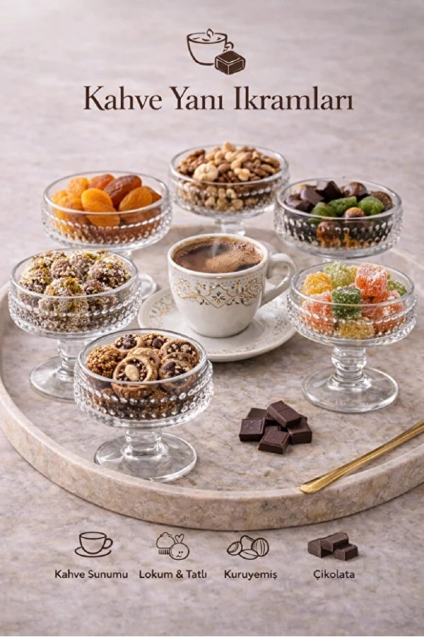 Nokta Desenli Ayaklı Cam Sunum Kasesi Kahve Yanı Lokum Çikolata Kuruyemiş Servis Seti | 6 ADET