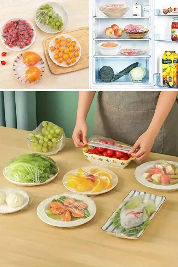 Şeffaf Bone Esnek Lastikli Pratik Tazeliği Koruyan Tencere Tabak Bonesi Gıda Saklama Bonesi 100lü