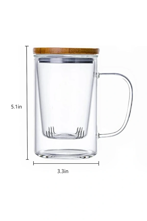 Bambu Kapaklı Cam Süzgeçli Kupa Çift Katlı Demlik Model Kulplu Bitki Çay Bardağı 1 ADET