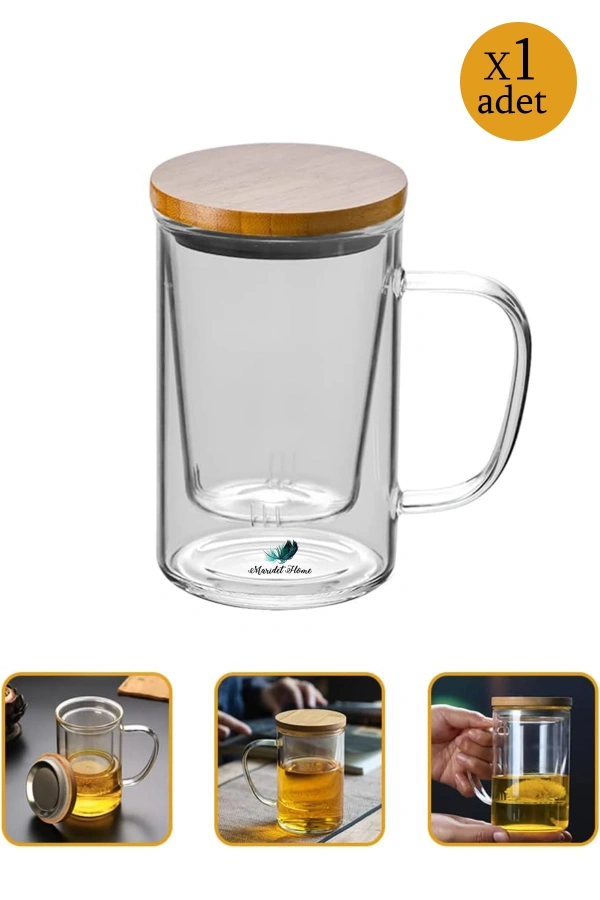 Bambu Kapaklı Cam Süzgeçli Kupa Çift Katlı Demlik Model Kulplu Bitki Çay Bardağı 1 ADET