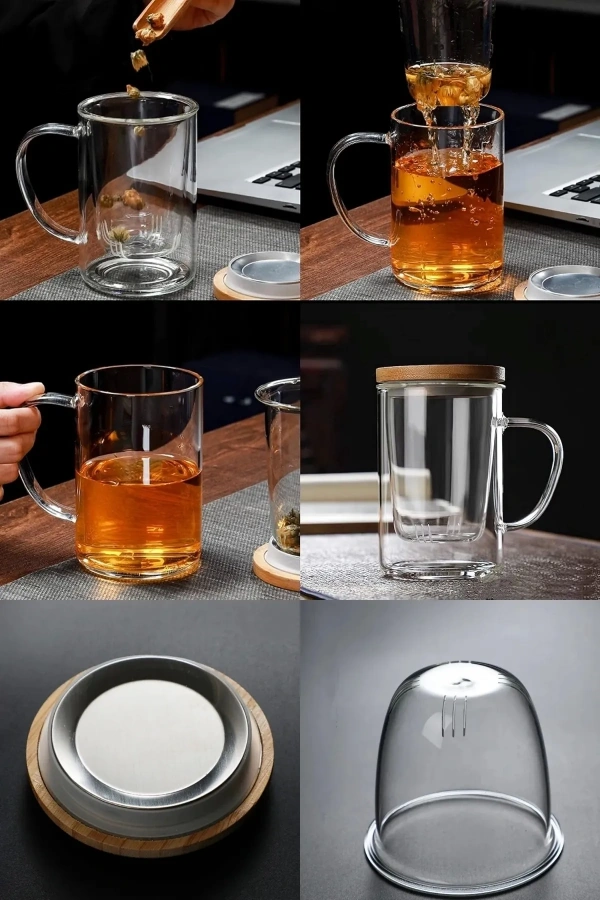 Bambu Kapaklı Cam Süzgeçli Kupa Çift Katlı Demlik Model Kulplu Bitki Çay Bardağı 1 ADET