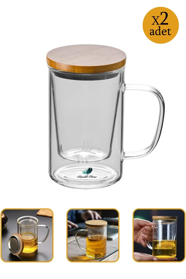 Bambu Kapaklı Cam Süzgeçli Kupa Çift Katlı Demlik Model Kulplu Bitki Çay Bardağı 2 ADET