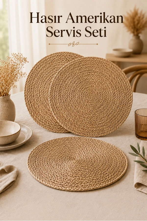 Bambu Rattan Amerikan Servis Hasır Yuvarlak Supla Tabak Altlığı Masa Dekoru Sunum Seti  | 3 Adet