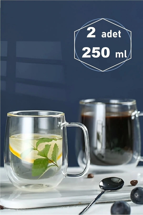 Çift Cidarlı 250 ML Borosilikat Bardak Çay Kahve Meşrubat Servis Sunum Bardağı 2 Adet