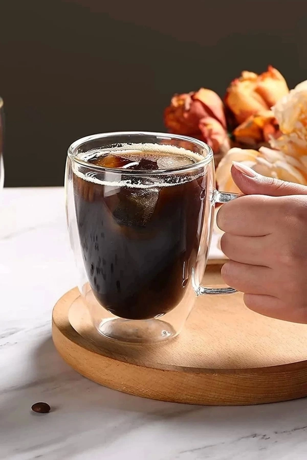 Çift Cidarlı Cam Kupa 350 Ml Ev Ofis Fincanı Çift Katlı Isı Yalıtıml Kulplu Cam Bardak