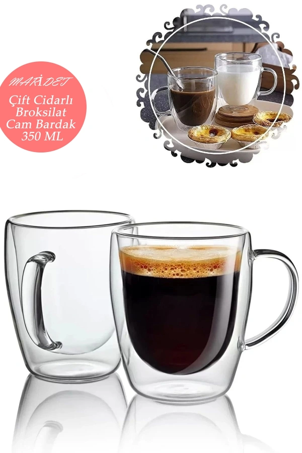 Çift Cidarlı Cam Kupa 350 Ml Ev Ofis Fincanı Çift Katlı Isı Yalıtıml Kulplu Cam Bardak