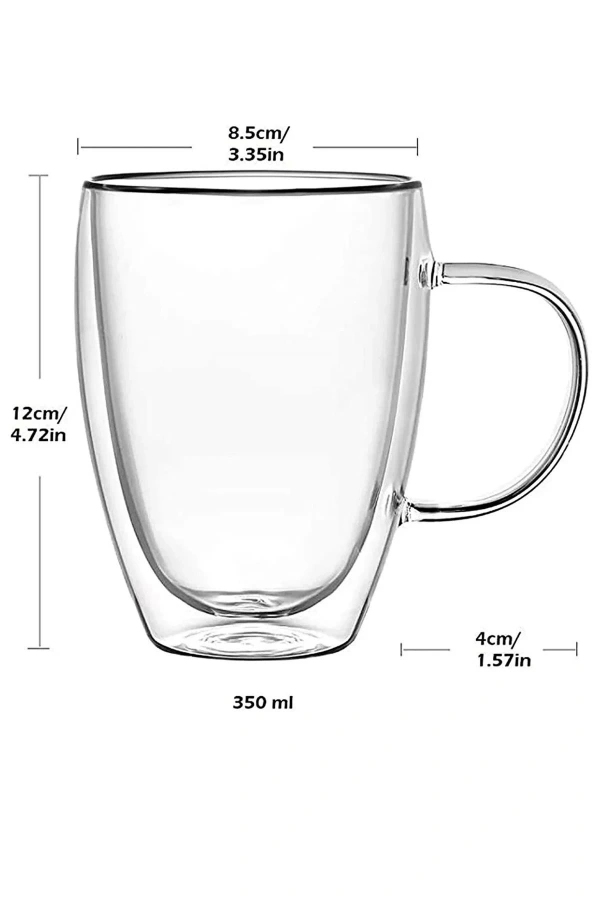 Çift Cidarlı Cam Kupa 350 Ml Ev Ofis Fincanı Çift Katlı Isı Yalıtıml Kulplu Cam Bardak