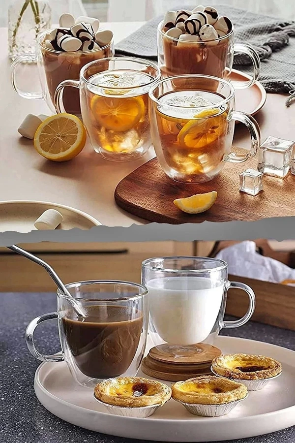 Çift Cidarlı Cam Kupa 350 Ml Ev Ofis Fincanı Çift Katlı Isı Yalıtıml Kulplu Cam Bardak