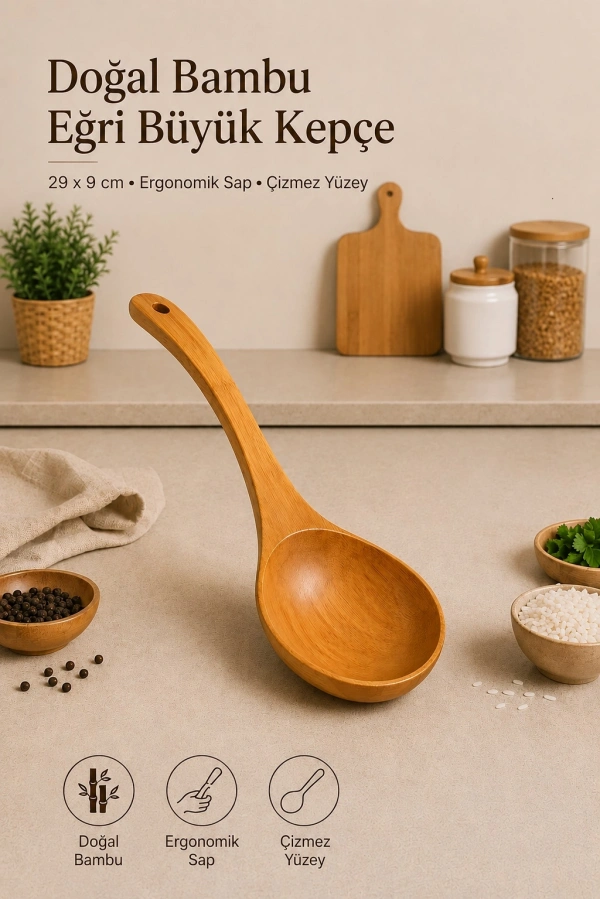 Doğal Bambu Eğri Büyük Kepçe Ergonomik Saplı Tencere Dostu Ahşap Servis Kaşığı | 29x9 cm