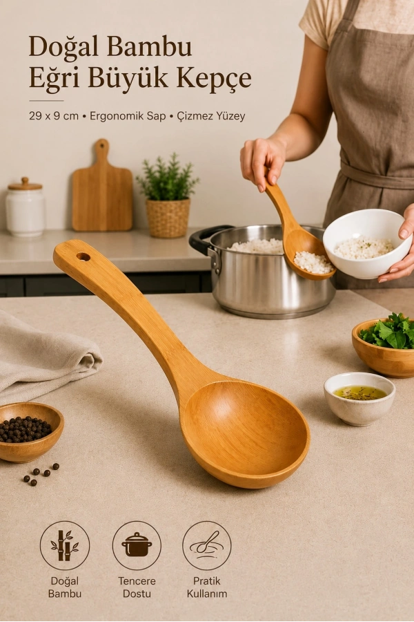 Doğal Bambu Eğri Büyük Kepçe Ergonomik Saplı Tencere Dostu Ahşap Servis Kaşığı | 29x9 cm