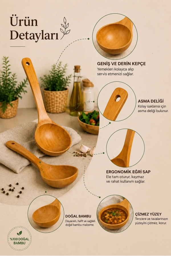 Doğal Bambu Eğri Büyük Kepçe Ergonomik Saplı Tencere Dostu Ahşap Servis Kaşığı | 29x9 cm