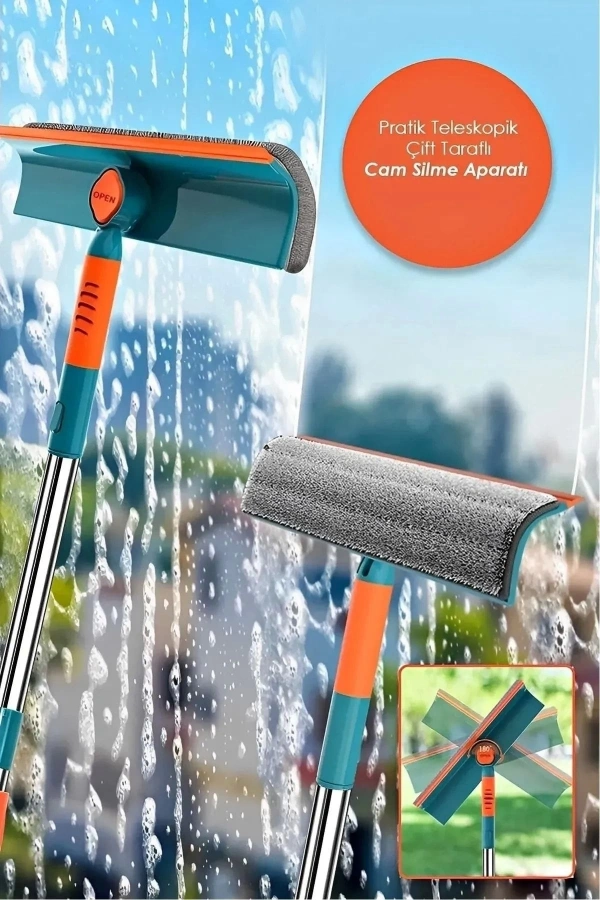 Teleskopik Çift Yönlü Pratik Cam Silme Aparatı Pencere Temizleyici Çok Amaçlı Çekpas