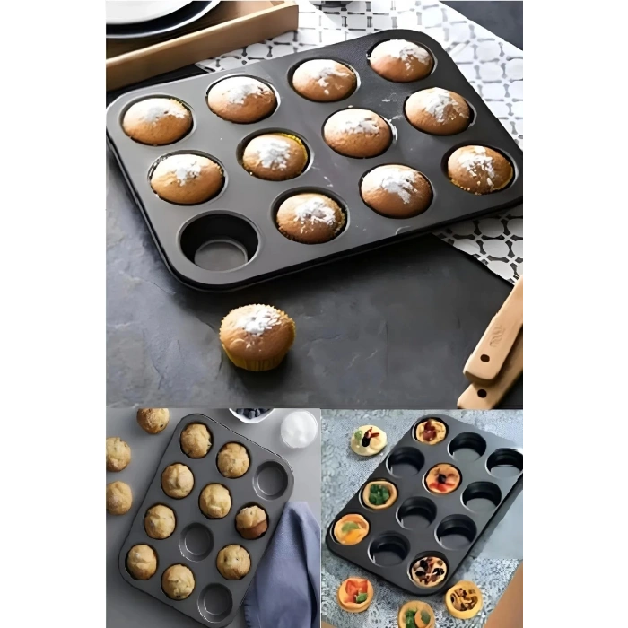 12 Bölmeli Muffin Kek Kalıbı 2 Li Set Yanmaz Yapışmaz Çörek Cupcake Fırın Kalıp Tepsisi