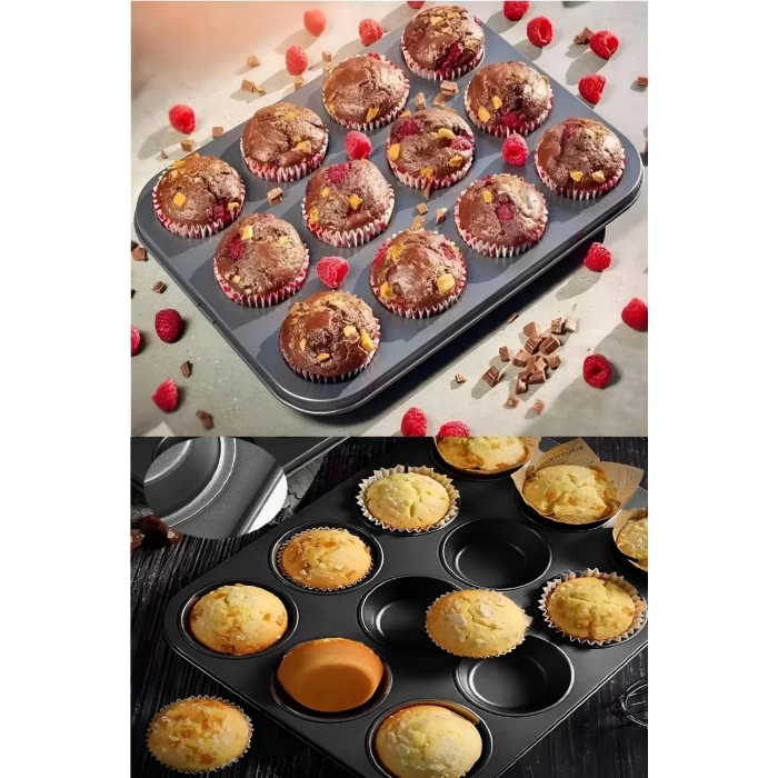 12 Bölmeli Muffin Kek Kalıbı 2 Li Set Yanmaz Yapışmaz Çörek Cupcake Fırın Kalıp Tepsisi