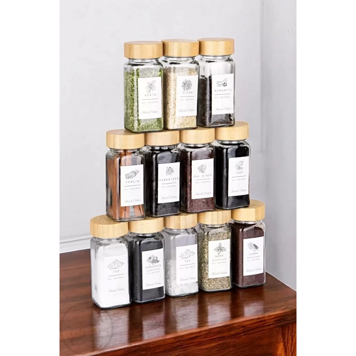 12Lİ Cam Baharatlık Kare Formlu Cam Baharatlık Seti Kare Formlu Baharatlık Takımı / Etiket Hediyeli