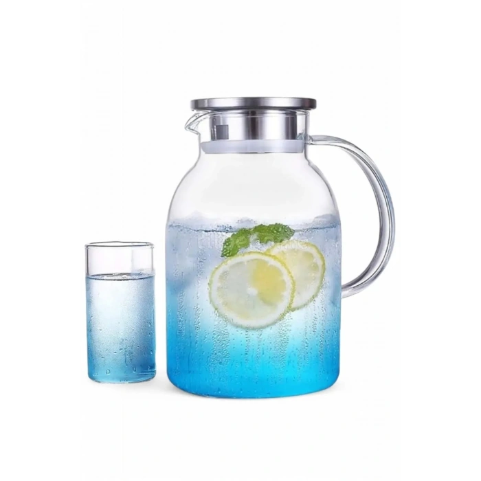1800ml Borosilikat Cam Sürahi Isıya Dayanıklı Metal Kapaklı Bitki Çayı Demliği Meşrubat Su Sürahisi