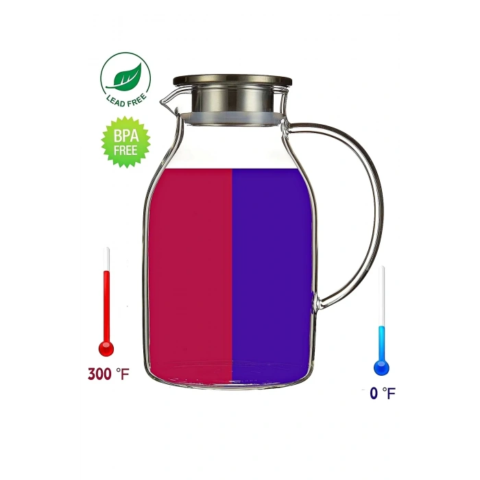 1800ml Borosilikat Cam Sürahi Isıya Dayanıklı Metal Kapaklı Bitki Çayı Demliği Meşrubat Su Sürahisi