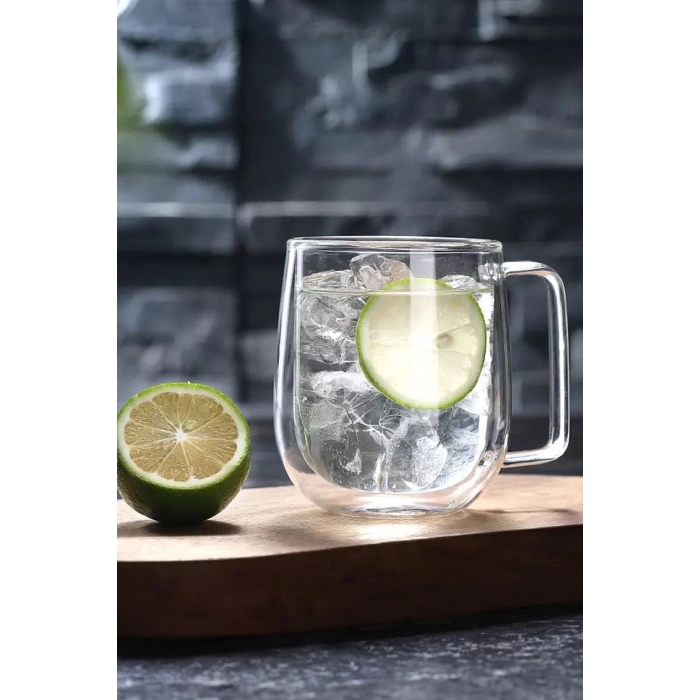 2 Adet Çift Cidarlı Cam Kupa 250 ml Ev Ofis Fincanı Çift Katlı Isı Yalıtımlı Kulplu Cam Bardak