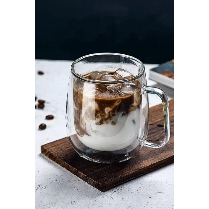 2 Adet Çift Cidarlı Cam Kupa 250 ml Ev Ofis Fincanı Çift Katlı Isı Yalıtımlı Kulplu Cam Bardak