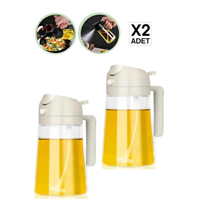 2 Adet Çift Fonksiyonlu Cam Yağdanlık Zeytinyağı Sıvıyağ Şişe Sprey Airfryer Yağlık Sirkelik - Krem