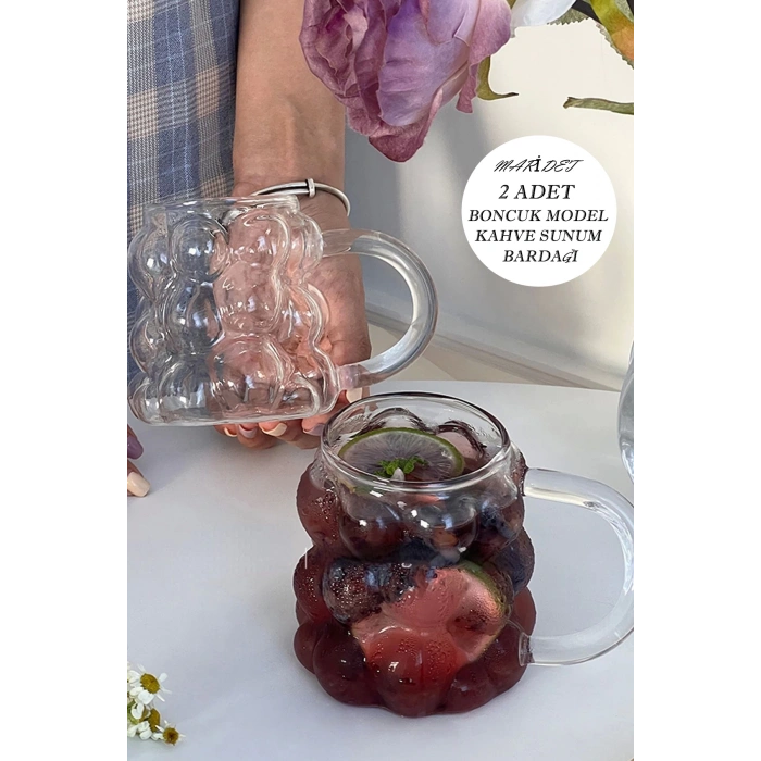 2li Boncuk & Üzüm Şekilli Isıya Dayanıklı Borosilikat Kahve Sunum Bardağı