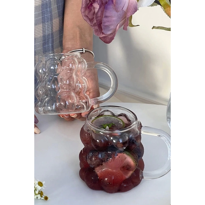 2li Boncuk & Üzüm Şekilli Isıya Dayanıklı Borosilikat Kahve Sunum Bardağı Broksilat Cam