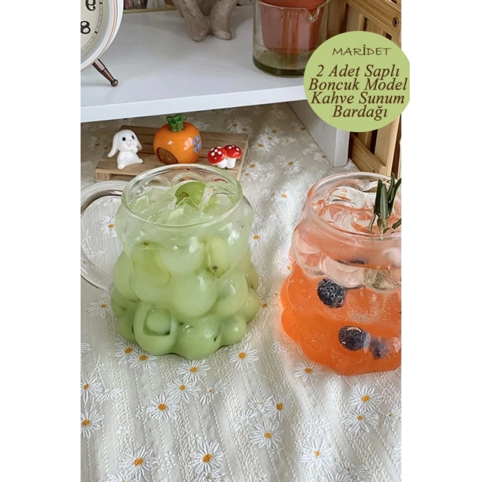 2li Boncuk & Üzüm Şekilli Isıya Dayanıklı Borosilikat Kahve Sunum Bardağı Broksilat Cam