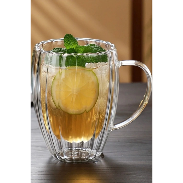 2 li Burgulu Origami Stil Termisil Cam Bardak Çay Süt Kahve Kupası Sıcak Soğuk Sunum Bardağı 450 ml