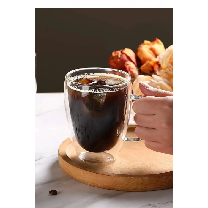 2Li Çift Cidarlı Bardak  Isıya Dayanıklı Borosilikat Espresso Sunum Bardağı Kulplu Kahve Kupa -350ml