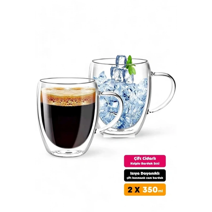 2Li Çift Cidarlı Bardak  Isıya Dayanıklı Borosilikat Espresso Sunum Bardağı Kulplu Kahve Kupa -350ml