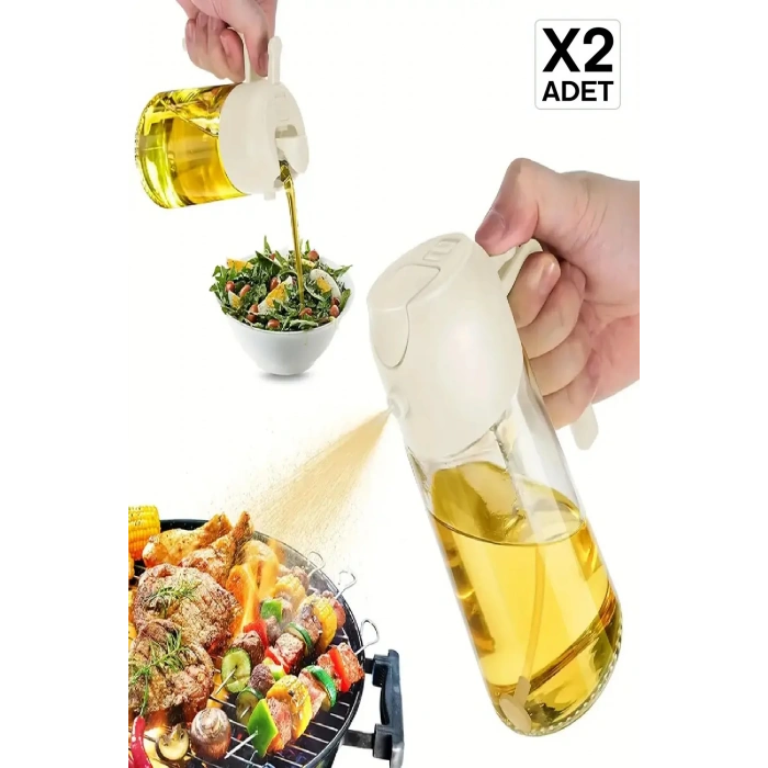 2Li Çift Fonksiyonlu Cam Yağdanlık Zeytinyağı Sıvıyağ Şişe Sprey Airfryer Yağlık Sirkelik - Krem