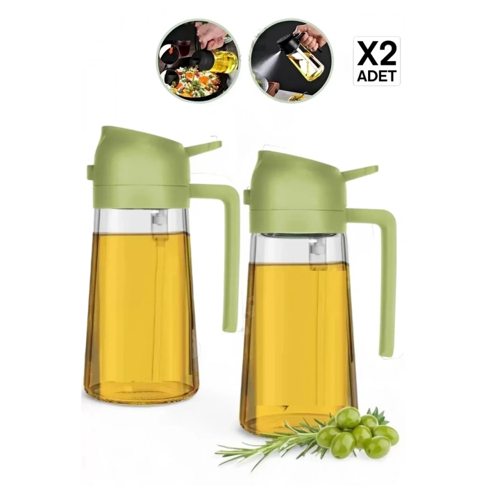 2li Çift Fonksiyonlu Cam Yağdanlık Zeytinyağı Sıvıyağ Şişesi Airfryer Sprey Yağlık Sirkelik - Yeşil