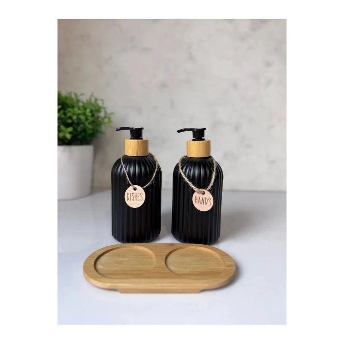 2 li Hands Dishes Siyah Dekoratif Mutfak Banyo Sıvı Cam Sabunluk Seti 500ml Bambu Stantlı Set