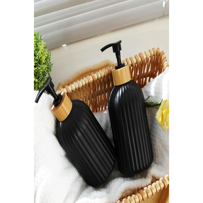 2 li Hands Dishes Siyah Dekoratif Mutfak Banyo Sıvı Cam Sabunluk Seti 500ml Bambu Stantlı Set